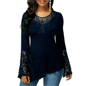 Navy Blouse with Flare Lace Sleeves Size XL criss cross back